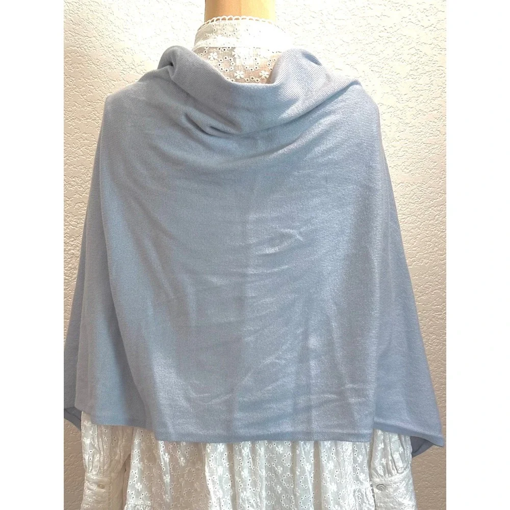 Halogen‎ 100% Cashmere Light Blue Ribbed Trim Wrap Scarf Shawl OS